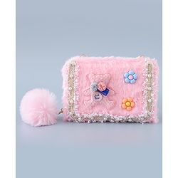 Babyhug Sling Bag with Teddy Applique & Fur Zipper - Pink