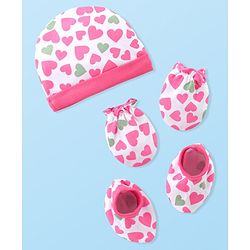 Babyhug 100% Cotton Knitted Cap Mittens & Booties with Heart Print- Pink