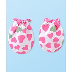 Babyhug 100% Cotton Knitted Cap Mittens & Booties with Heart Print- Pink