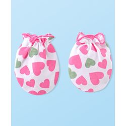 Babyhug 100% Cotton Knitted Cap Mittens & Booties with Heart Print- Pink