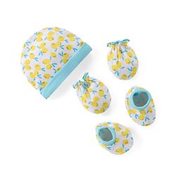 Babyhug 100% Cotton Cap Mittens And Booties Fruit Print -Yellow