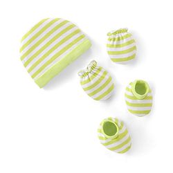 Babyhug 100% Cotton Knit  Cap Mittens & Booties Set Striped - Green  & White
