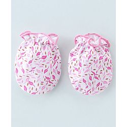 Babyhug 100% Cotton Knit Mittens & Booties Set Leaf Print- Pink & White