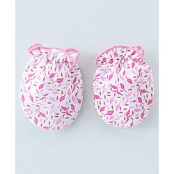 Babyhug 100% Cotton Knit Mittens & Booties Set Leaf Print- Pink & White