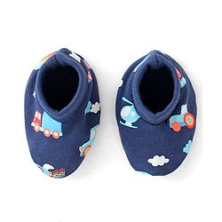 Babyhug 100% Cotton Knit Mittens & Booties Set Hot Air Balloon Print - Navy Blue