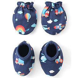 Babyhug 100% Cotton Knit Mittens & Booties Set Hot Air Balloon Print - Navy Blue