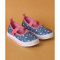 Cute Walk by Babyhug Slip On Casual Shoes With Bow Applique & Floral Print- Blue (Sole Line May Very)