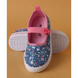 Cute Walk by Babyhug Slip On Casual Shoes With Bow Applique & Floral Print- Blue (Sole Line May Very)