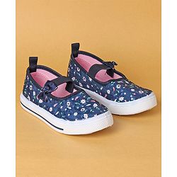 Cute Walk by Babyhug Slip On Casual Shoes With Bow Applique & Floral Print- Navy Blue (Sole Line May Very)
