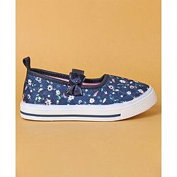 Cute Walk by Babyhug Slip On Casual Shoes With Bow Applique & Floral Print- Navy Blue (Sole Line May Very)