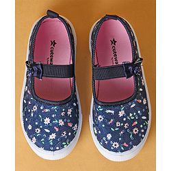 Cute Walk by Babyhug Slip On Casual Shoes With Bow Applique & Floral Print- Navy Blue (Sole Line May Very)