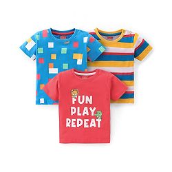 Babyhug Cotton Knit Half Sleeves Striped T-Shirt Text Print Pack of 3 - Red Blue & Yellow