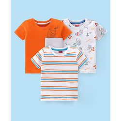 Babyhug 100% Cotton Knit Half Sleeves T-Shirt Stripes & Tiger Graphics Pack Of 3 - Multicolor
