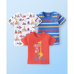 Babyhug Cotton Knit Half Sleeves Striped T-Shirts Giraffe Print Pack of 3 - Red White & Blue
