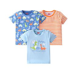 Babyhug 100% Cotton Knit Half Sleeves T-Shirt With Dino Graphics  & Striped Pack Of 3 -Blue & Orange