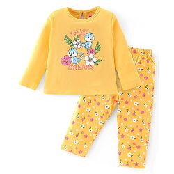 Babyhug Cotton Knit Full Sleeves Night Suit With Bird Print - Yellow