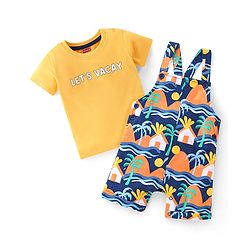 Babyhug 100% Cotton Knit Dungaree and Half Sleeves T-Shirt Set Text & Beach Theme - Blue & Yellow