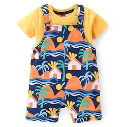 Babyhug 100% Cotton Knit Dungaree and Half Sleeves T-Shirt Set Text & Beach Theme - Blue & Yellow