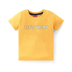 Babyhug 100% Cotton Knit Dungaree and Half Sleeves T-Shirt Set Text & Beach Theme - Blue & Yellow