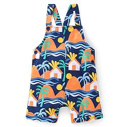Babyhug 100% Cotton Knit Dungaree and Half Sleeves T-Shirt Set Text & Beach Theme - Blue & Yellow