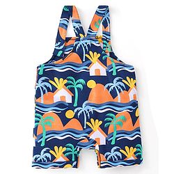 Babyhug 100% Cotton Knit Dungaree and Half Sleeves T-Shirt Set Text & Beach Theme - Blue & Yellow