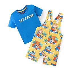 Babyhug 100% Cotton Knit Dungaree and Half Sleeves T-Shirt Set Text & Teddy Print - Blue & Yellow