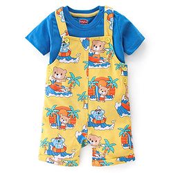 Babyhug 100% Cotton Knit Dungaree and Half Sleeves T-Shirt Set Text & Teddy Print - Blue & Yellow