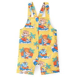 Babyhug 100% Cotton Knit Dungaree and Half Sleeves T-Shirt Set Text & Teddy Print - Blue & Yellow