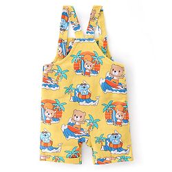 Babyhug 100% Cotton Knit Dungaree and Half Sleeves T-Shirt Set Text & Teddy Print - Blue & Yellow