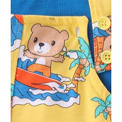 Babyhug 100% Cotton Knit Dungaree and Half Sleeves T-Shirt Set Text & Teddy Print - Blue & Yellow