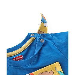 Babyhug 100% Cotton Knit Dungaree and Half Sleeves T-Shirt Set Text & Teddy Print - Blue & Yellow