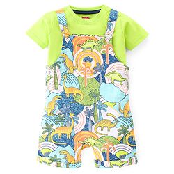 Babyhug 100% Cotton Knit Dungarees With Half Sleeves T-Shirt Dino Print -  Green & Blue