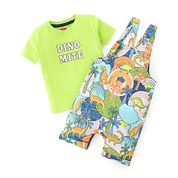 Babyhug 100% Cotton Knit Dungarees With Half Sleeves T-Shirt Dino Print -  Green & Blue