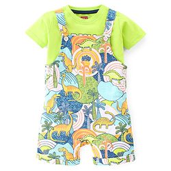 Babyhug 100% Cotton Knit Dungarees With Half Sleeves T-Shirt Dino Print -  Green & Blue