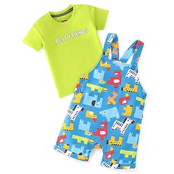 Babyhug Cotton Knit Zebra Printed Dungarees & Half Sleeves Inner Tee Set - Green & Blue