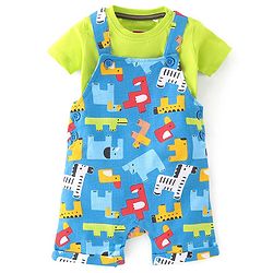 Babyhug Cotton Knit Zebra Printed Dungarees & Half Sleeves Inner Tee Set - Green & Blue