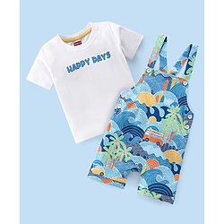 Babyhug 100% Cotton Single Jersey Knit Palm Tree Printed Dungaree and Half Sleeves T-Shirt Set - White & Light Blue