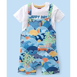 Babyhug 100% Cotton Single Jersey Knit Palm Tree Printed Dungaree and Half Sleeves T-Shirt Set - White & Light Blue