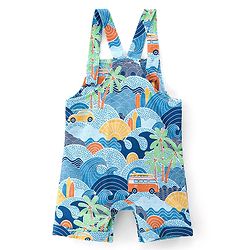 Babyhug 100% Cotton Single Jersey Knit Palm Tree Printed Dungaree and Half Sleeves T-Shirt Set - White & Light Blue