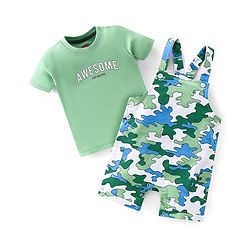 Babyhug 100% Cotton Single Jersey Knit Camouflage Printed Dungaree and Half Sleeves T-Shirt Set - Green