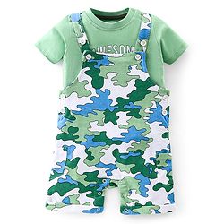 Babyhug 100% Cotton Single Jersey Knit Camouflage Printed Dungaree and Half Sleeves T-Shirt Set - Green