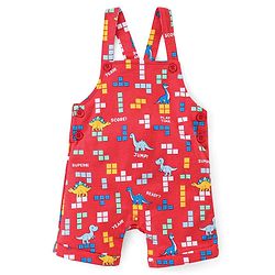 Babyhug Cotton Knit Dungaree with Half Sleeves Inner Tee Set Dino Print - Blue & Red