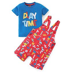 Babyhug Cotton Knit Dungaree with Half Sleeves Inner Tee Set Dino Print - Blue & Red