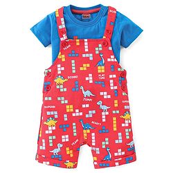 Babyhug Cotton Knit Dungaree with Half Sleeves Inner Tee Set Dino Print - Blue & Red