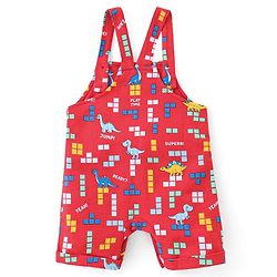 Babyhug Cotton Knit Dungaree with Half Sleeves Inner Tee Set Dino Print - Blue & Red