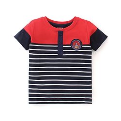 Babyhug Cotton Half Sleeves Striped T-Shirt With Marrowing Detailing - Red & Navy