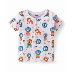 Babyhug 100% Cotton Knit Half Sleeves T-Shirt with Lion Graphics - White