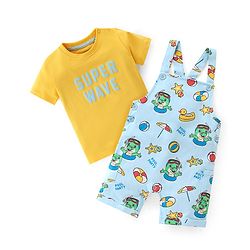 Babyhug 100% Cotton Knit Dungaree & Half Sleeves T-Shirt Set Text & Crocodile Print - Light Blue & Yellow