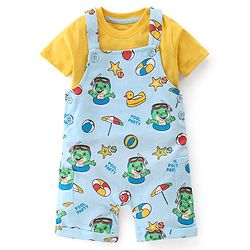 Babyhug 100% Cotton Knit Dungaree & Half Sleeves T-Shirt Set Text & Crocodile Print - Light Blue & Yellow
