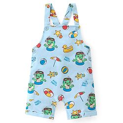 Babyhug 100% Cotton Knit Dungaree & Half Sleeves T-Shirt Set Text & Crocodile Print - Light Blue & Yellow